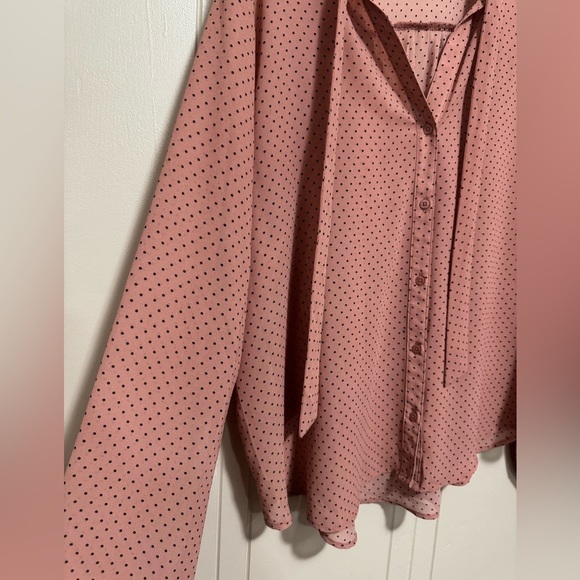 2X Pink and Black Polka Dot Tie Neck Long Sleeve Blouse - Picture 5 of 7